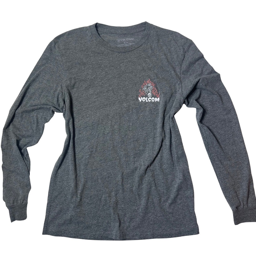 Volcom Men's Graphic Long Sleeve T-Shirt — Skeleton Palm Tree Flames — Gray — Si